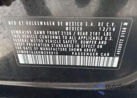 2017 Volkswagen Jetta 1.4T Se z USA, uszkodzony, nr VIN 3VWDB7AJ8HM296810